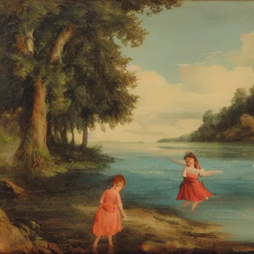 Image similar to landscape of river with two girls splashing on it in the background,