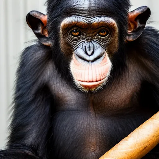 Image similar to a high detail closeup shot of a chimp wearing a suit, smoking a cigar