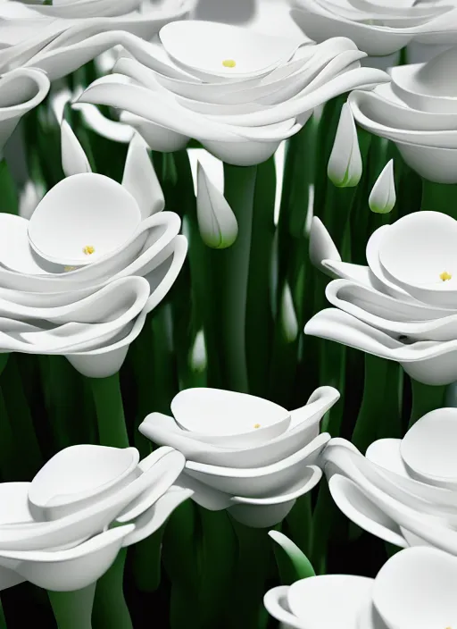 Image similar to bright white zen smooth flower garden by zaha hadid, up close shot, sharp focus, global illumination, radiant light, irakli nadar, octane highly render, 4 k, ultra hd,