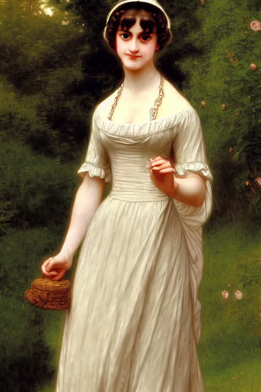 Prompt: jane austen in rich dress, painting by rossetti bouguereau, detailed art, artstation