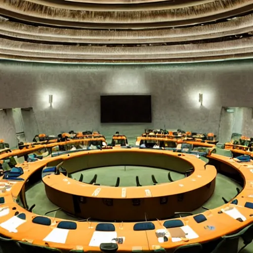 Prompt: sci fi fictional united nations negotiating chamber, no people, 8 k photorealistic