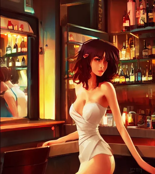 Prompt: pretty woman in a bar, by wlop, rain, poster, anime key visual, artstation