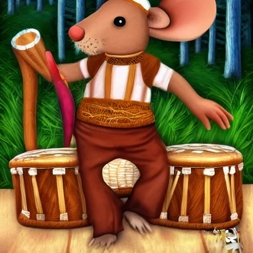 Prompt: mouse with drum, musician dress, fantasy forrest background, digital art, close up