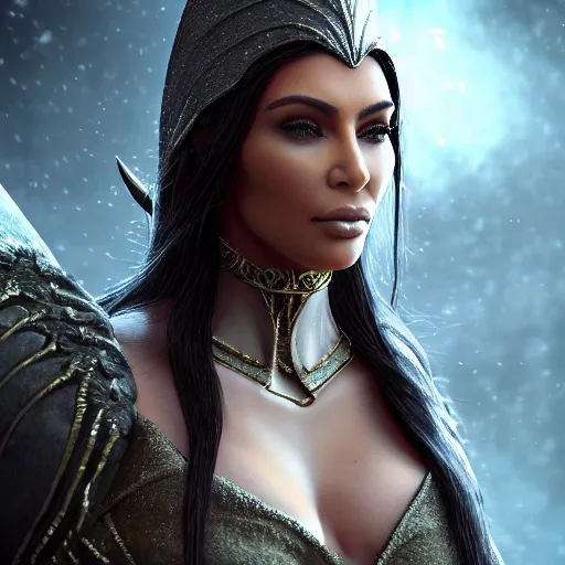 Image similar to Kim Kardashian as an elven priestess, atmospheric lighting, intricate detail, cgsociety, hyperrealistic, octane render, RPG portrait, ambient light, dynamic lighting, hyper detailed, elegant, cinematic, awe inspiring, beautiful, unreal engine, 8k ultra hd, artstationHD, hyper detailed, elegant, cinematic, awe inspiring