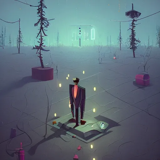 Prompt: man in a suit holding gem with curiosity, trying to learn, by simon stalenhag