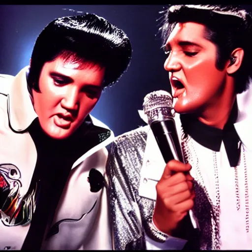 Image similar to elvis presley and snoop dog singing a duet in 2 0 2 2, one microphone, in las vegas, detailed, beautiful, color photo, f 1. 8, promotional poster, photorealistic