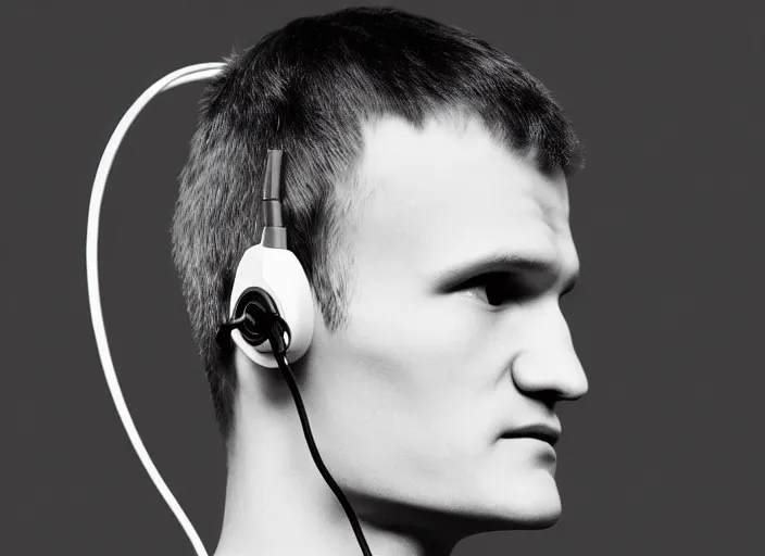 Prompt: headshot of vitalik buterin in headphones. vitalik buterin, perfect symmetric face, coherent eyes, fine details., 4 k, ron cobb, hans zatska