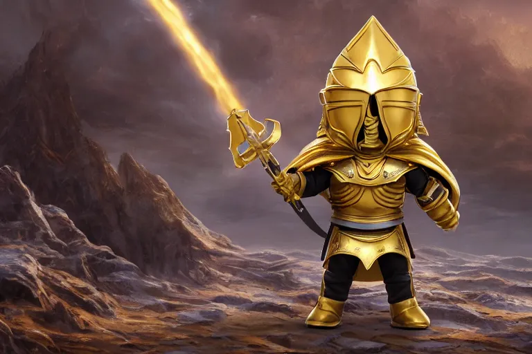 Prompt: an ultra detailed picture of saladin as a funko pop, wearing bright gold armor and holding huge flaming longsword blessed by god, epic anime fantasy, 8 k, volumetric lighting, smooth, highly detailed, digital illustration, art by kentaro miura and akira toriyama and albert bierstadt and greg rutkowsi, artstation