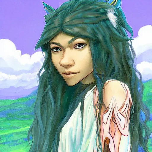 Image similar to “Zendaya, portrait!!! Mononoke-hime style, cartoon, blue sky with white clouds green hills and mountains on the background, fantasy, photorealistic, concept Art, ultra detailed portrait, 4k resolution”