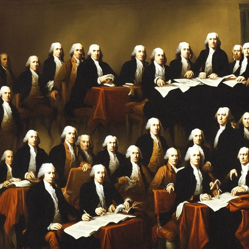 Image similar to the founding fathers as cats signing the declaration of independence, by john trumball