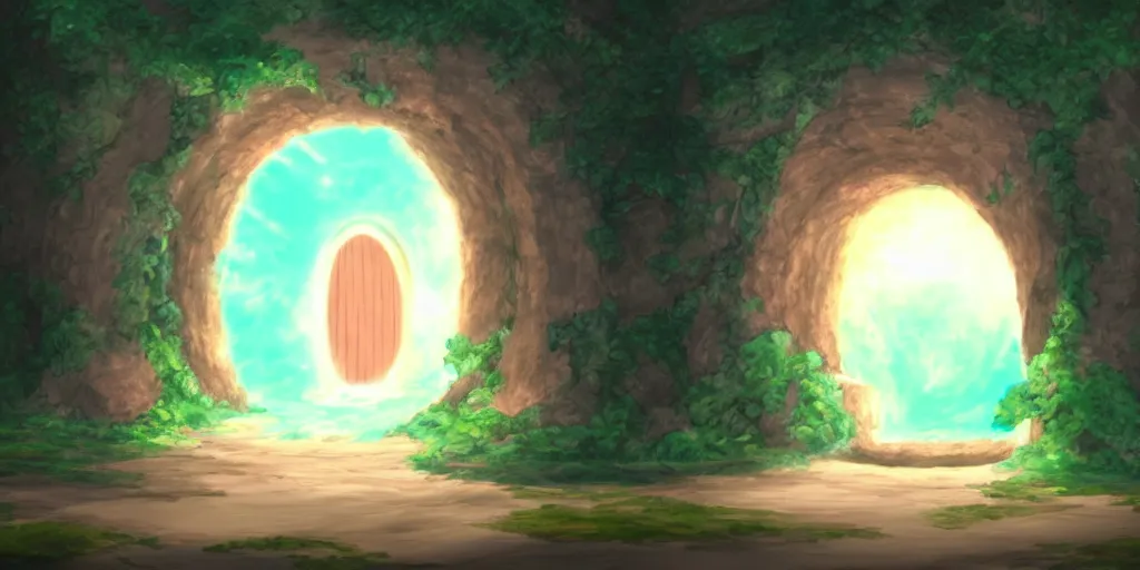 Image similar to a cell - shaded studio ghibli concept art study of a dimensional portal doorway. water is flowing out of the portal. very dull colors, hd, 4 k, hq