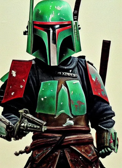 Image similar to a japanese samurai but it's boba fett, very detailed oil painting, dark and realistic, japanese art art