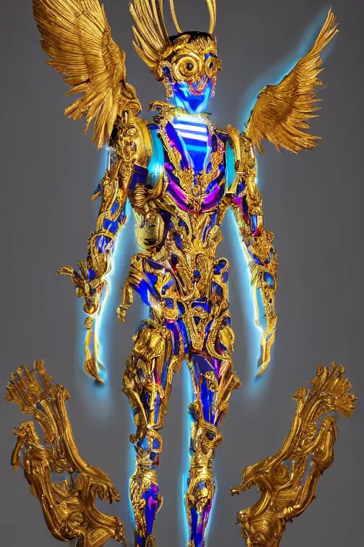 Image similar to full-body sculpture of a young handsome Colombiano prince as a half cibernetic android with a glowing blue battery in his chest, white laser beam coming out of his eyes, crown of giant diamonds, flowing neon-colored silk, fabric, raptors, in a cyperbunk and baroque style. baroque elements. full-length view. baroque element. intricate artwork by caravaggio. many many birds birds on background. Trending on artstation, octane render, cinematic lighting from the right, hyper realism, octane render, 8k, depth of field, 3D