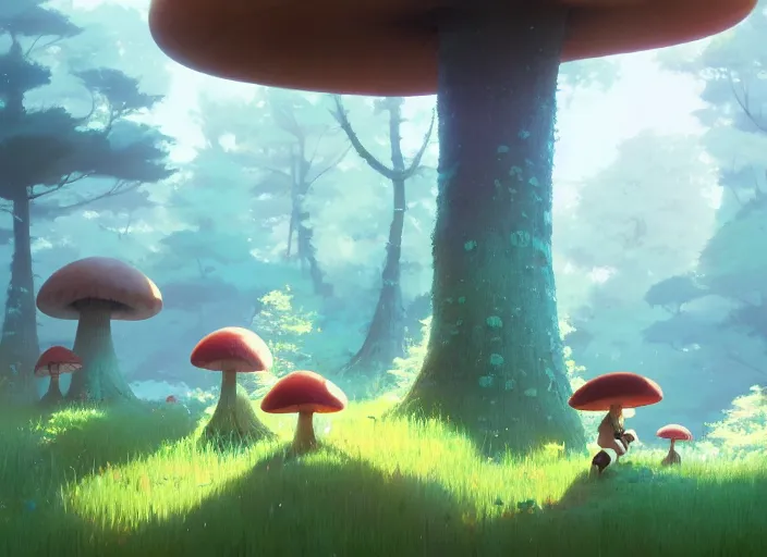 Image similar to mushroom tree forest, detailed, cory loftis, james gilleard, atey ghailan, makoto shinkai, goro fujita, studio ghibli, rim light, exquisite lighting, clear focus, very coherent, plain background, soft painting