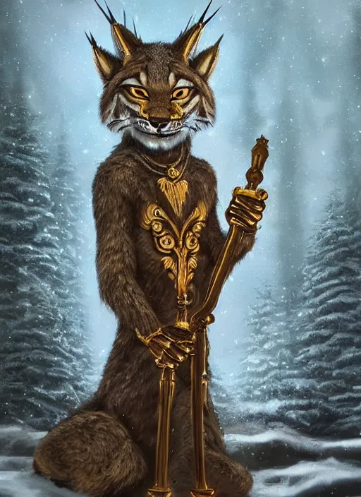 Image similar to anthropomorphic lynx holding a golden intricately decorated shiny scepter, night, spruce trees on the sides, mountains in the background, eerie dark atmosphere, moonlit, back light, in the style of fantasy movie, fantasy art, fantasy matte painting, trending on artstation