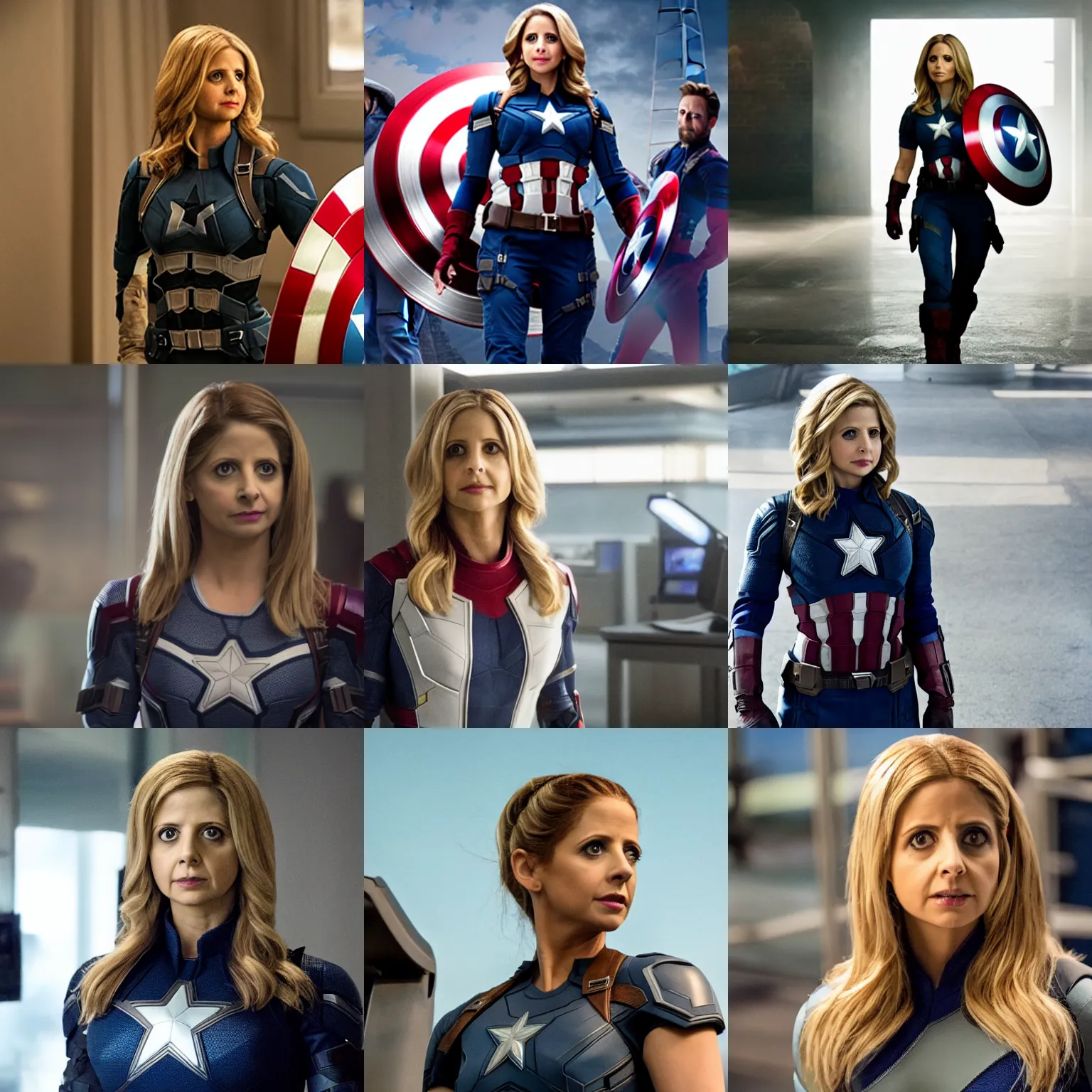 Prompt: Sarah Michelle Gellar as Captain America, film still from 'Avengers: Endgame'