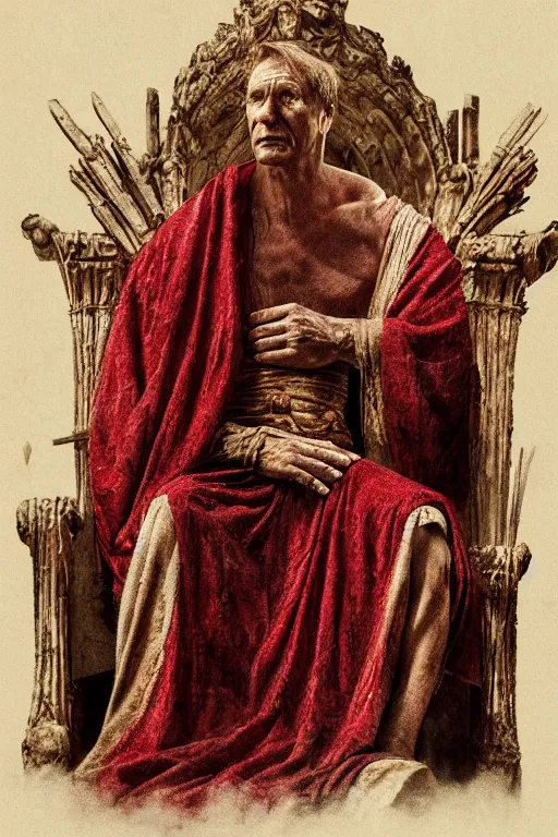 Image similar to a tired, lonely and broken julius caesar is sitting on his throne. face is highly detailed. splices of red are running down his toga. mist. color scheme red and gold. soft light. low angle medium shot. imagined by greg rutkowski.