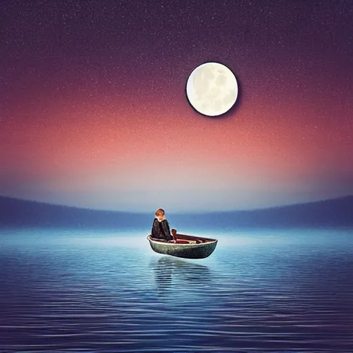 Prompt: father and daughter in a small boat late at night with the moon reflecting across the water,8k, hyper realistic, realistic waves, highly ornate intricate details, symmetrical artwork, digital artwork, cinematic, deep aesthetic, rich color,