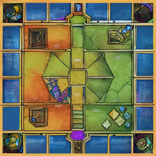Image similar to tabletop rpg battle map, grid, top down, highly detailed, colorful, architectural, digital