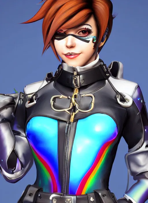 Image similar to portrait bust digital artwork of tracer overwatch, wearing iridescent rainbow latex and leather straps catsuit outfit, expressive happy face, makeup, in style of mark arian, angel wings, wearing detailed leather collar, chains, black leather harness, detailed face and eyes,