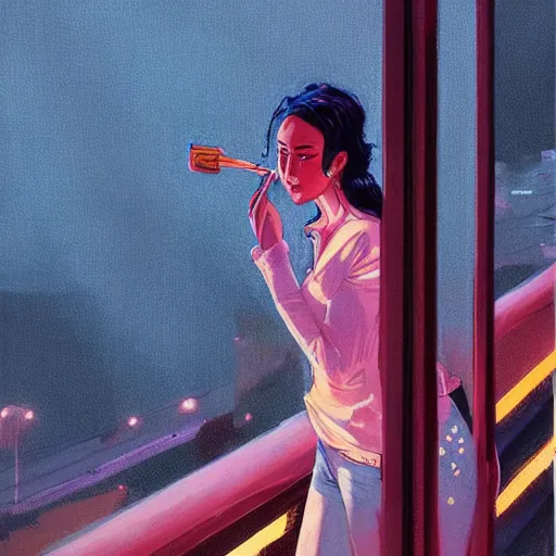 Prompt: a beautiful artwork of a woman in jeans and a white shirt smoking on the balcony of a hotel at night, top view, neon and rainy theme atmosphere by Jerome Opeña, featured on artstation