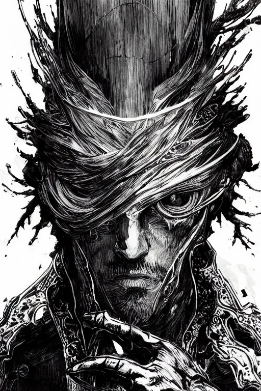 Image similar to portrait of a bloodborne hunter, sumi - e style, masterful, intense, concept art, detailed, intricate linework, art by yoji shinkawa