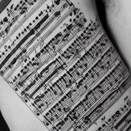 Prompt: a back with sheet music tattoed onto it, close up shot.