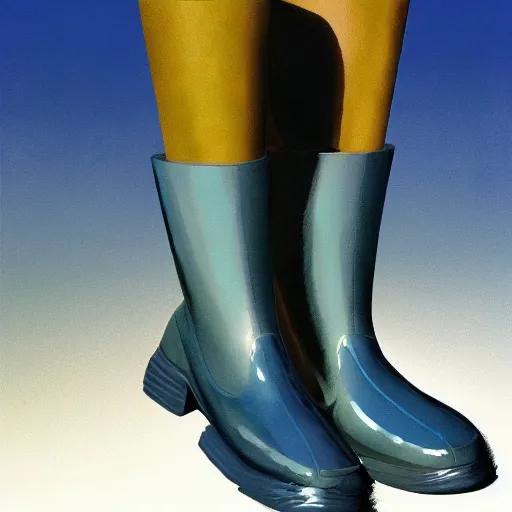 Prompt: water resistant PVC blue water boots, by Craig mullins, Steve Purcell, Ralph McQuarrie. Design. Fashion. Trending on artstation. Centered image, no background