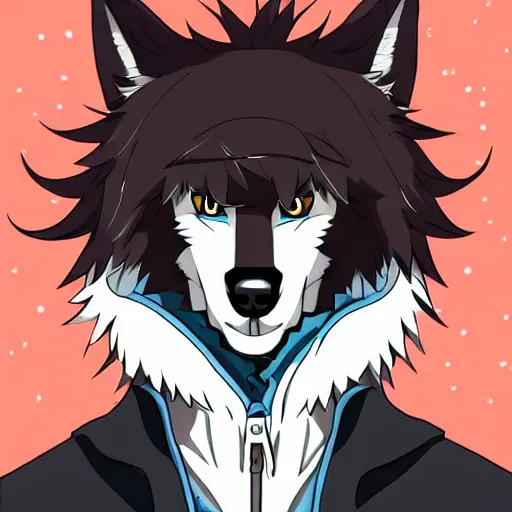 Image similar to key anime visual portrait of an anthropomorphic anthro wolf fursona, in a jacket, with handsome eyes, official modern anime art