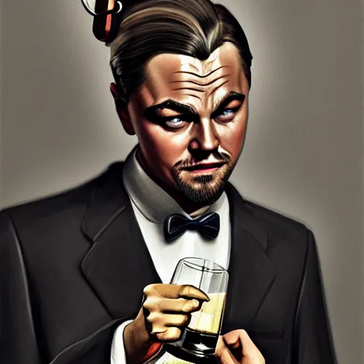 Prompt: leonardo dicaprio from django laughing and holding a sherry, highly detailed, intricate, digital painting, artstation, sharp focus, illustration, art by jakub rozalski, greg rutkowski, artgerm, tan zi and ayanamikodon and alphonse mucha and wlop