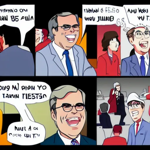 Prompt: Jeb bush is a mess, Jeb is on a flight with lots of people, illustrated, anime