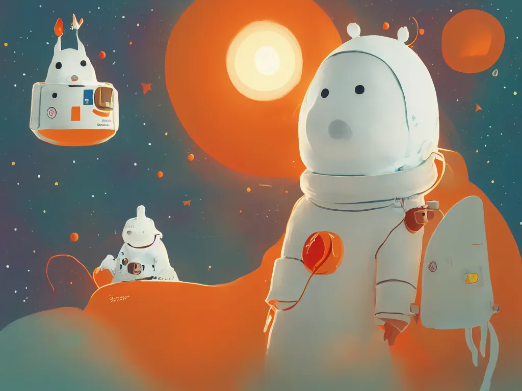 Image similar to moomins in a space suit, looking cute, photoreastic illustration, warm colors, fluffy, cozy, hyperrealistic, low light, volumetric light, smooth, trending on artstation