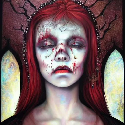 Image similar to a hyperrealistic painting of a beautiful gothic princess crying tears of blood, by Chris Mars, vivid color, highly detailed,