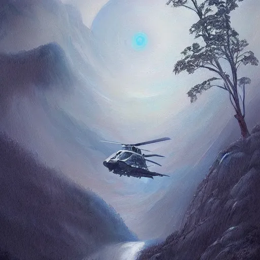 Image similar to a beautiful painting about a futuristic military helicopter landing in a misty rainforest, surrounded by mountains and snow. Featured on Artstation. angelic fluffy alien rivulet cylinder civet photon melon curd, by Evard