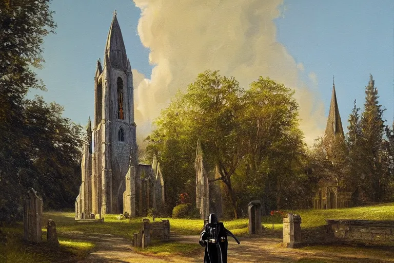 Image similar to a detailed oil painting of darth vader leaving a quaint medieval flint church, english, churchyard, trees, golden hour, lead - covered spire