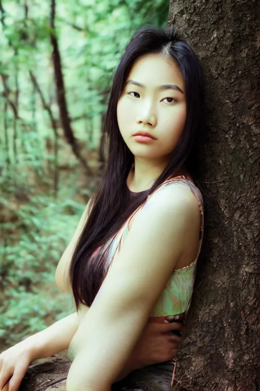 Prompt: analog photograph of an beautiful asian girl, deep wood on background, film grain, depth of field, bokeh, detailed