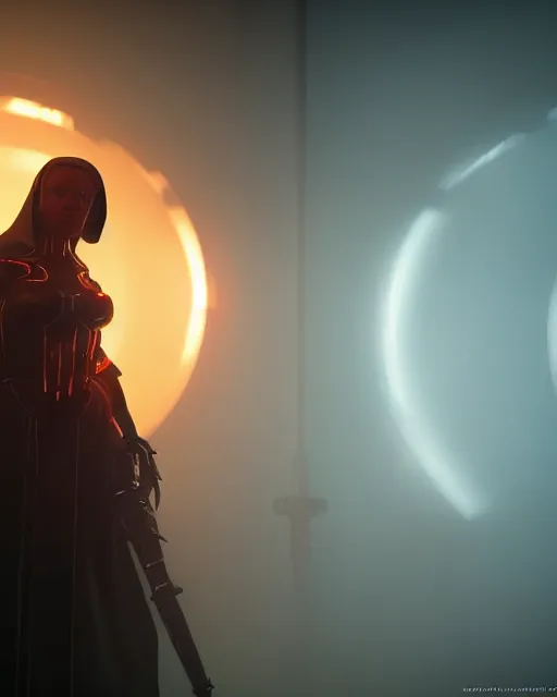Image similar to a portrait of a dark sci fi nun performing a blood sacrifice wearing sci fi armor, cinematic lighting, smooth, dark sci fi, unreal engine, octane render, by blizzard studios, golden rule, subject in center of frame, fog volumes, vivid color glow, cgsociety