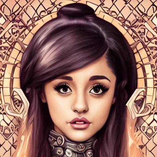 Image similar to Ariana Grande with a mustache, intricate, elegant, highly detailed, centered, digital painting, artstation, concept art, smooth, sharp focus, illustration, art by artgerm and H R Giger and alphonse mucha