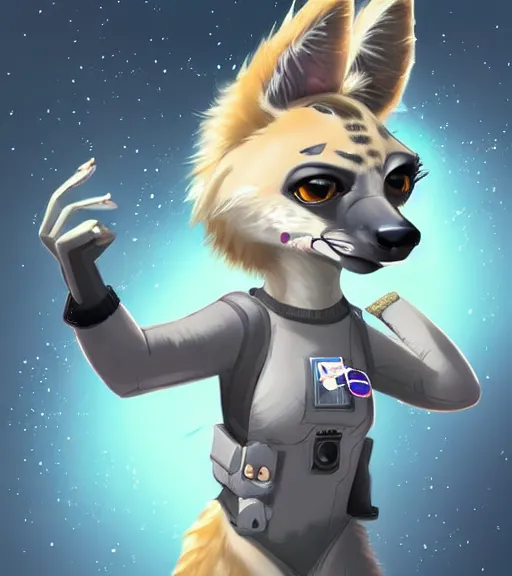 Image similar to digital detailed art of furry female hyena, in style of zootopia, fursona, furry, furaffinity, deviantart, wearing astronaut outfit, floating in space, space background, cyberpunk, detailed face, style of artgerm,