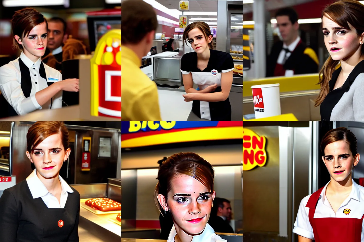 Image similar to a medium shot of Emma Watson as a Burger King employee working, annoyed facial expression, flash photography, candid photography