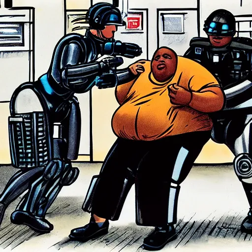 Image similar to robocop arresting obese british people, detailed