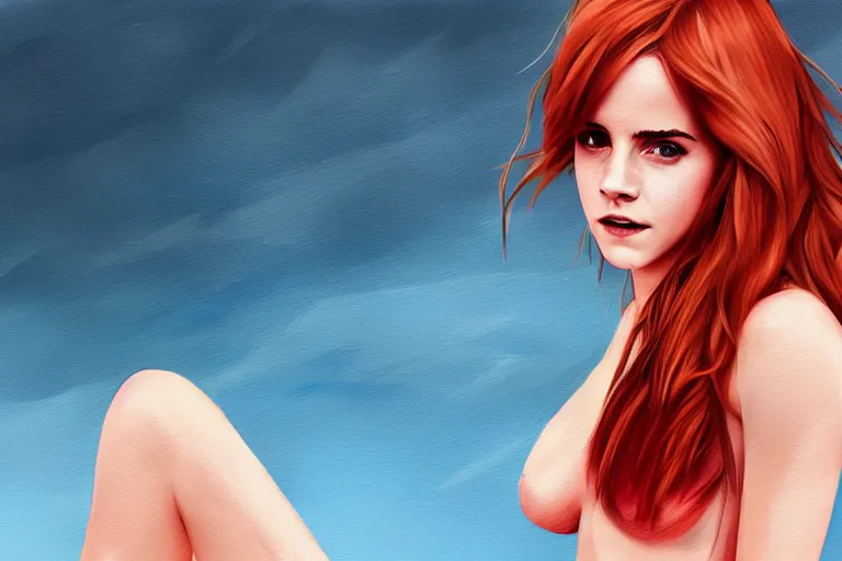 Image similar to Red-haired beauty Emma Watson in a bikini, highly detailed, mid-shot ,pixiv , digital painting , concept art