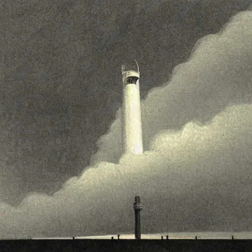 Prompt: an engraving of a storm battering a lighth tower skyscrepper in city downtown by edward hopper