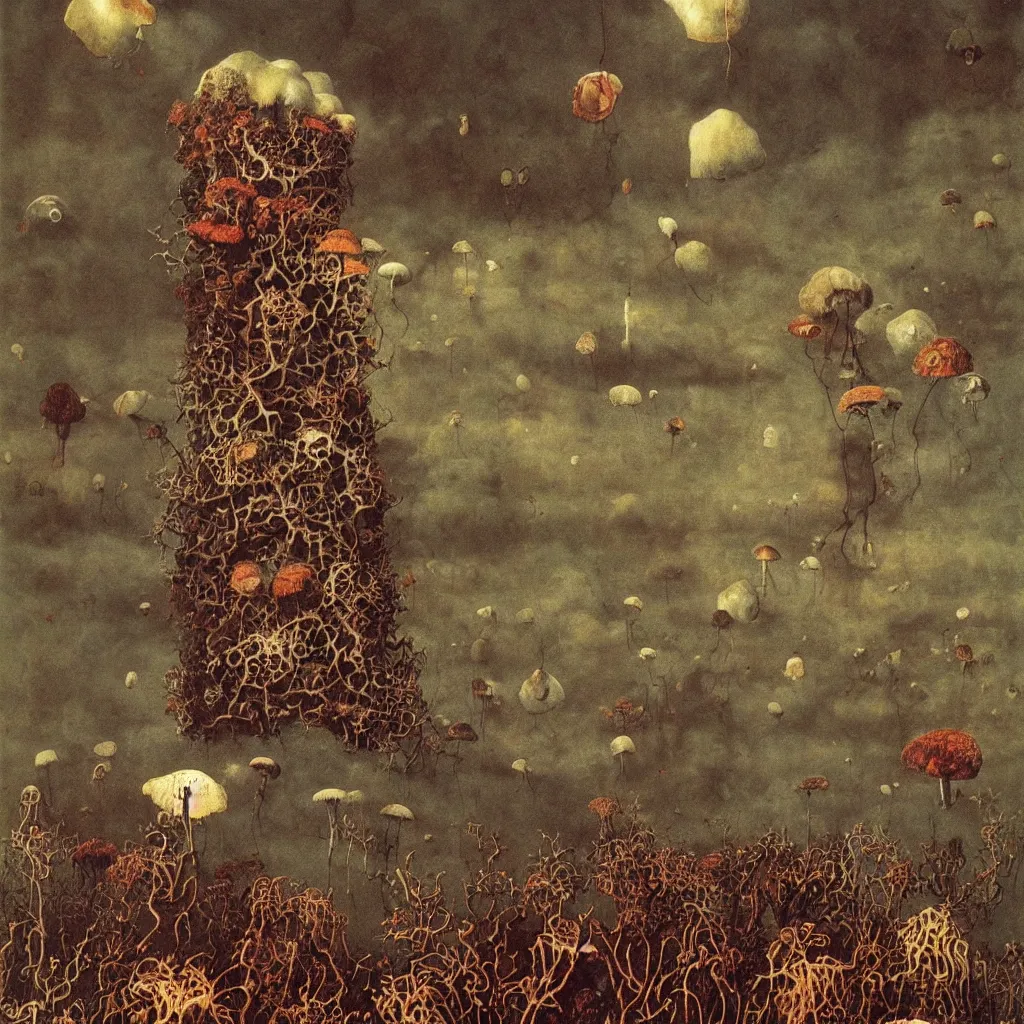 Prompt: a single! colorful! ( beksinski ) fungus tower white! clear empty sky, a high contrast!! ultradetailed photorealistic painting by jan van eyck, audubon, rene magritte, agnes pelton, max ernst, walton ford, andreas achenbach, ernst haeckel, hard lighting, masterpiece