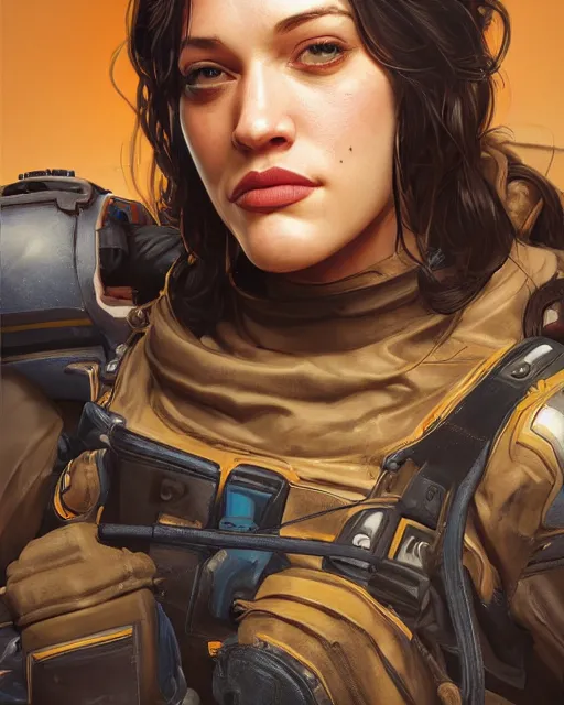 Prompt: Kat Dennings Electrician as an Apex Legends character digital illustration portrait design by, Mark Brooks and Brad Kunkle detailed, gorgeous lighting, wide angle action dynamic portrait