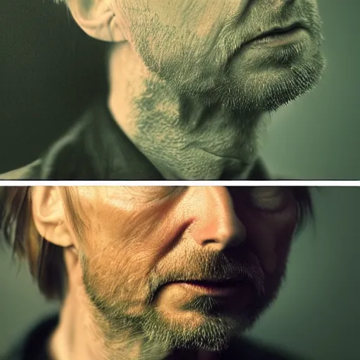 Prompt: collages, hyper realistic, many variations portrait of very old thom yorke, face variations, singer songwriter, ( side ) profile, liminal space, by lee bermejo, alphonse mucha and greg rutkowski, greybeard, smooth face