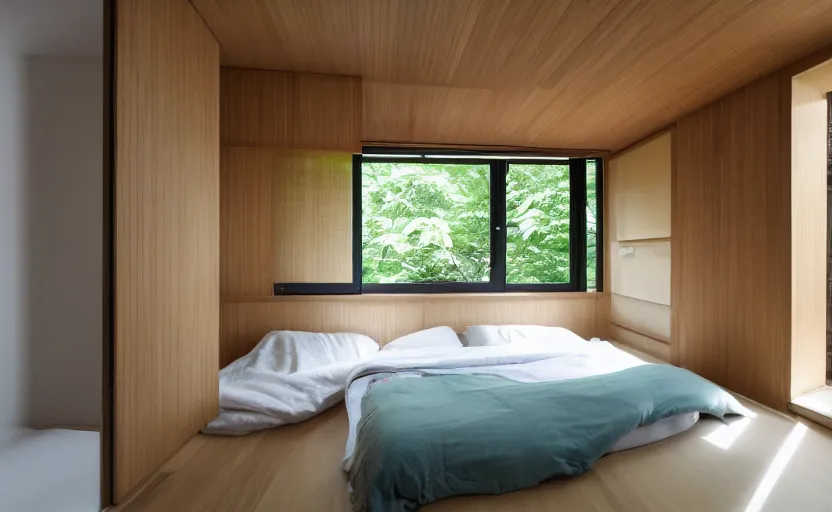 Prompt: interior of a small and compact minimalist bedroom in an apartment building, japanese style, bed, cupboards, bamboo wood, white, beige, bright, green wall, windows with a view of a green park, natural materials, modernist, swedish design, 8 k