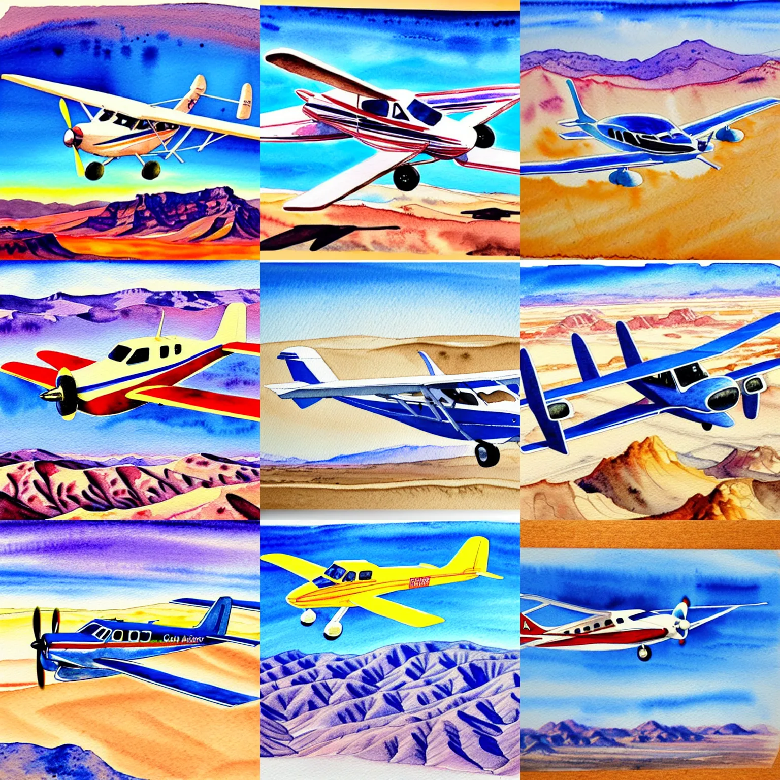 Prompt: a cessna airplane flying over a california desert, a detailed watercolor painting on poster board