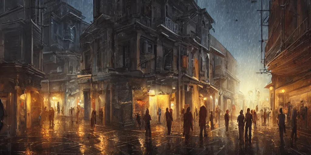 Prompt: rome style, small building, city, street, science fiction, cyberpunk, rain day, wide angle, full of people, moon, a lot of lights, cinematic lighting, high detail, digital painting, concept art, illustration, smooth, sharp focus, trending on artstation, trending on deviantart, 4 k