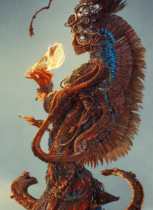 Image similar to an anton pieck portrait of a goddess, 8 k micro details beautiful intricate highly detailed quetzalcoatl skull and feathers. fire, galaxy, artwork by tooth wu and wlop and beeple and greg rutkowski, trending on artstation,